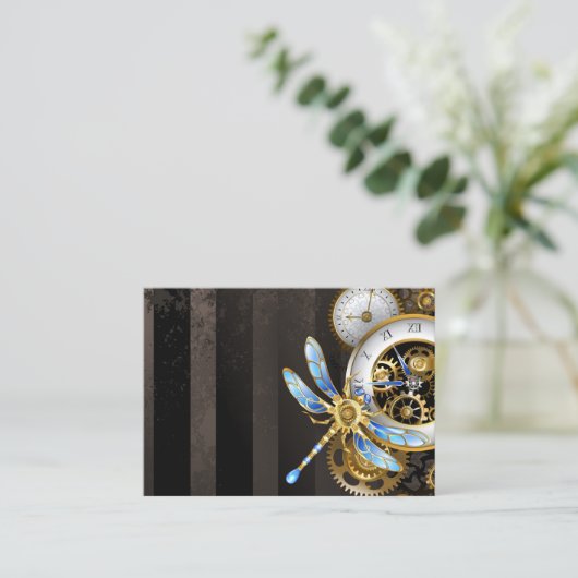 Steampunk-klok met mechanische dragonfly visitekaartje (Staand voorkant)