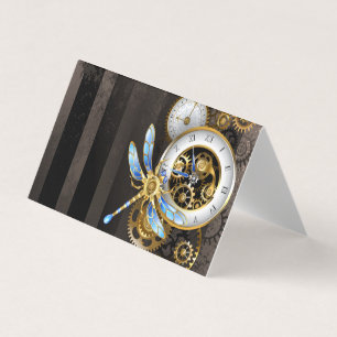 Steampunk-klok met mechanische dragonfly visitekaartje