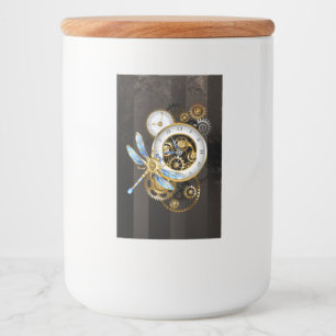 Steampunk-klok met mechanische dragonfly voedselcontainer etiket