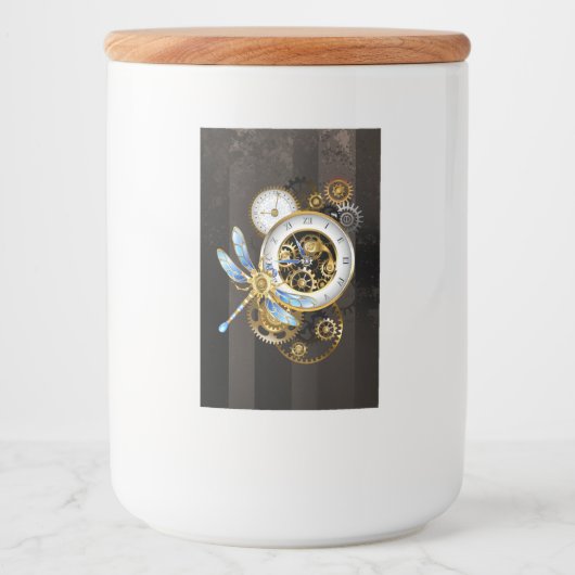 Steampunk-klok met mechanische dragonfly voedselcontainer etiket (Voorkant)