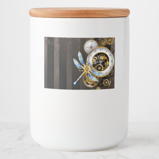 Steampunk-klok met mechanische dragonfly voedselcontainer etiket (Voorkant)