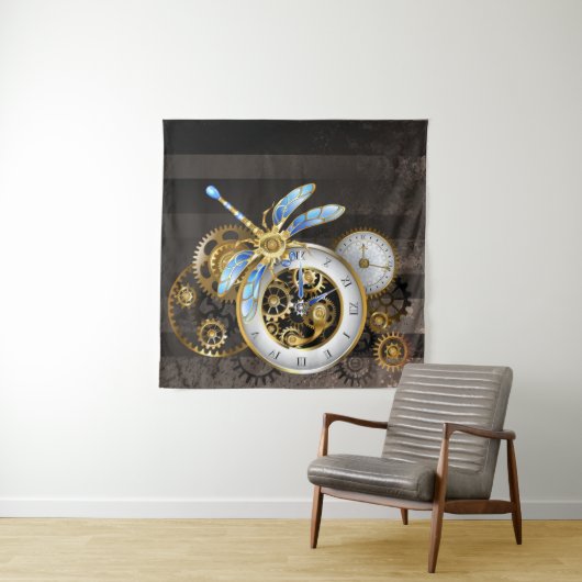 Steampunk-klok met mechanische dragonfly wandkleed (In Situ (horizontaal))