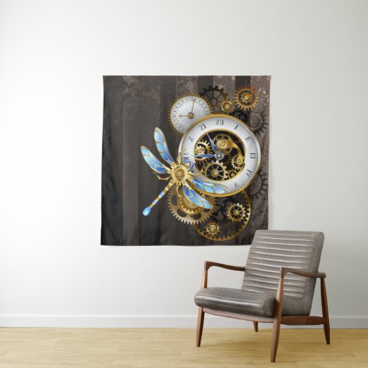 Steampunk-klok met mechanische dragonfly wandkleed (In situ)