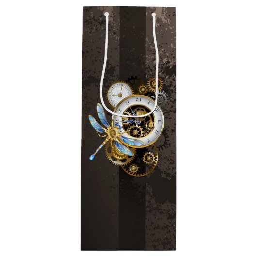 Steampunk-klok met mechanische dragonfly wijn cadeautas (Voorkant)