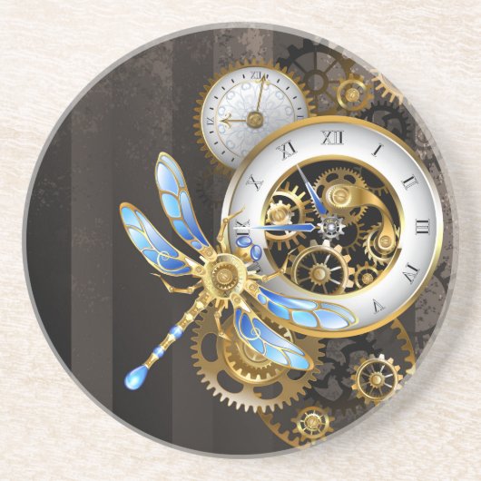Steampunk-klok met mechanische dragonfly zandsteen onderzetter (Voorkant)