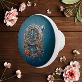  Steampunk klok met Rozen. Keramische Knop