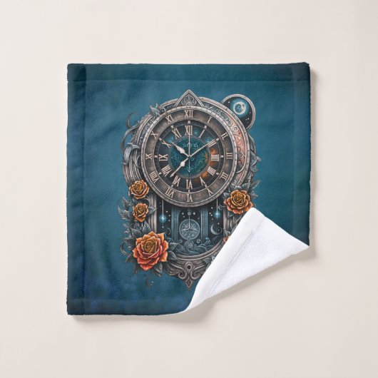  Steampunk klok met Rozen. Washandje (Wasdoekje)