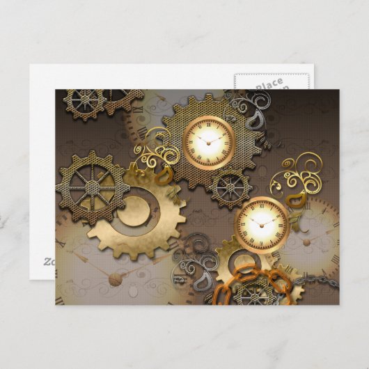 Steampunk, klokken en tandwielen briefkaart (Voorkant / Achterkant)