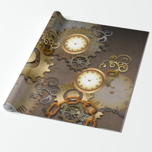 Steampunk, klokken en tandwielen i cadeaupapier (Uitgerold)