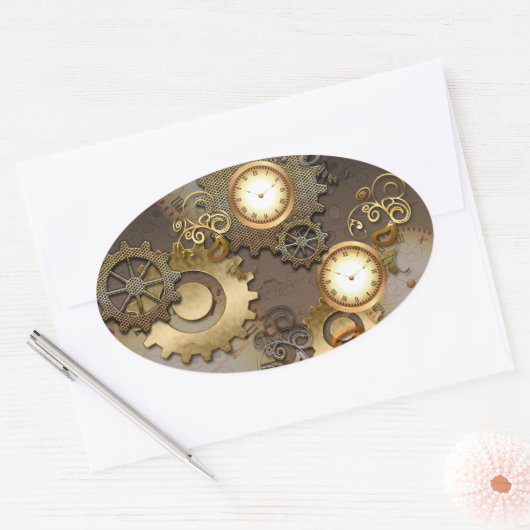 Steampunk, klokken en tandwielen ovale sticker (Envelop)