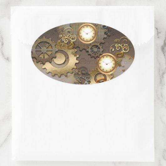 Steampunk, klokken en tandwielen ovale sticker (Tas)
