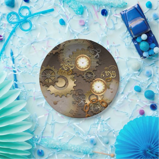 Steampunk, klokken en tandwielen papieren bordje (Feest)