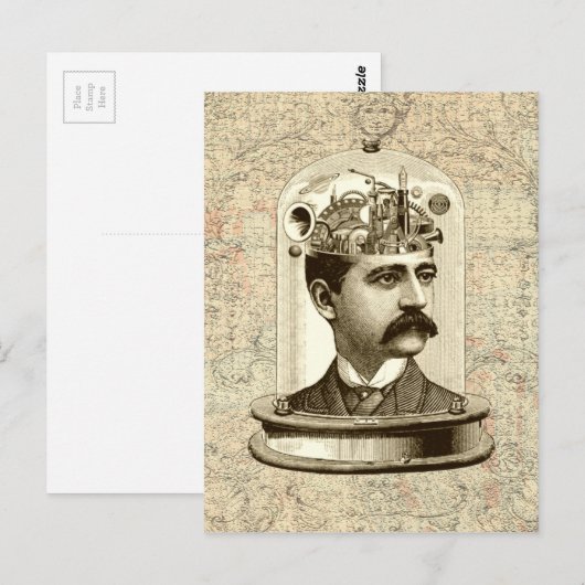 Steampunk-klokkenbreinhoofd in pot briefkaart (Voorkant / Achterkant)