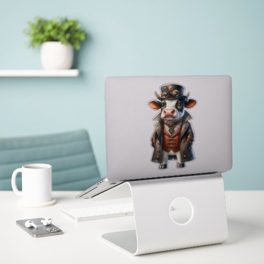 Steampunk Koe Transparante Sticker (Laptop op bureau)