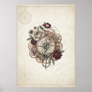 Steampunk kompas tandwielen rozen vintage poster