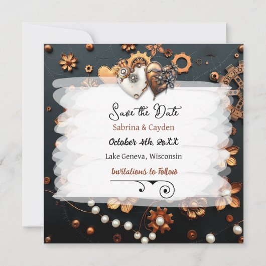 Steampunk Koper Bloemen Gepersonaliseerde bruiloft Save The Date (Achterkant)