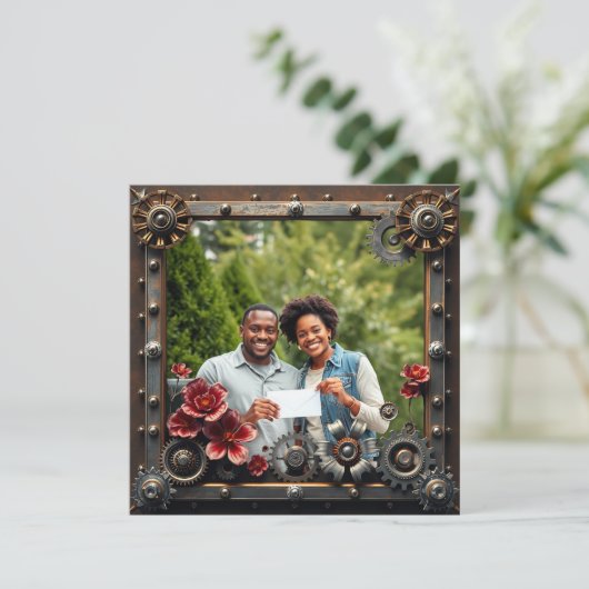 Steampunk Koper Bloemen Gepersonaliseerde bruiloft Save The Date (Staand voorkant)