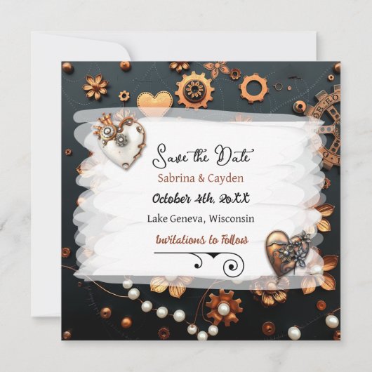 Steampunk Koper Bloemen Gepersonaliseerde bruiloft Save The Date (Achterkant)