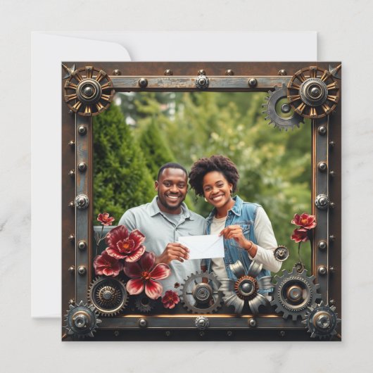 Steampunk Koper Bloemen Gepersonaliseerde bruiloft Save The Date (Voorkant)