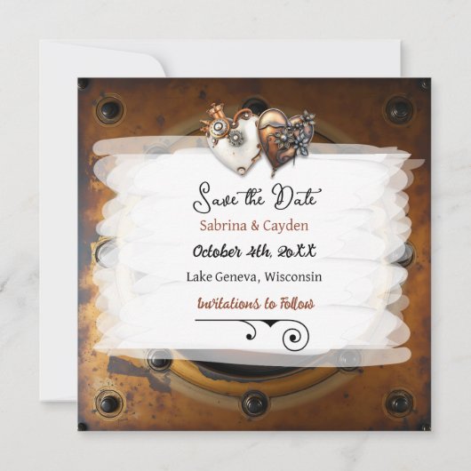 Steampunk Koper Bloemen Gepersonaliseerde bruiloft Save The Date (Achterkant)