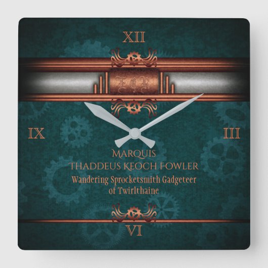 Steampunk, koper op blauwgroen cogs, Monogram Vierkante Klok (Voorkant)