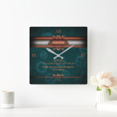 Steampunk, koper op blauwgroen cogs, Monogram Vierkante Klok (Huis)
