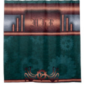 Steampunk, koper op blauwgroen ketten, monogram douchegordijn (Voorkant)