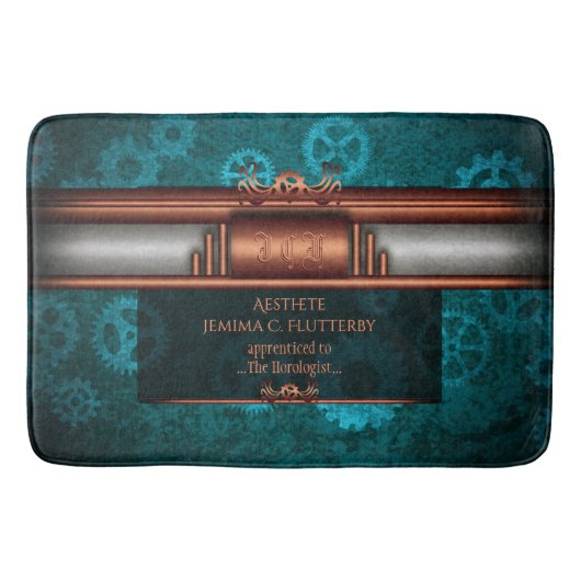 Steampunk, koper op blauwgroen tandwielen, Monogra Badmat (Voorkant)