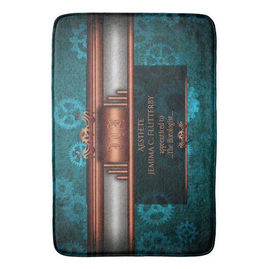 Steampunk, koper op blauwgroen tandwielen, Monogra Badmat (Voorkant Verticaal)
