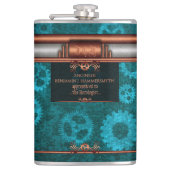 Steampunk, koper op blauwgroen tandwielen, monogra heupfles (Voorkant)