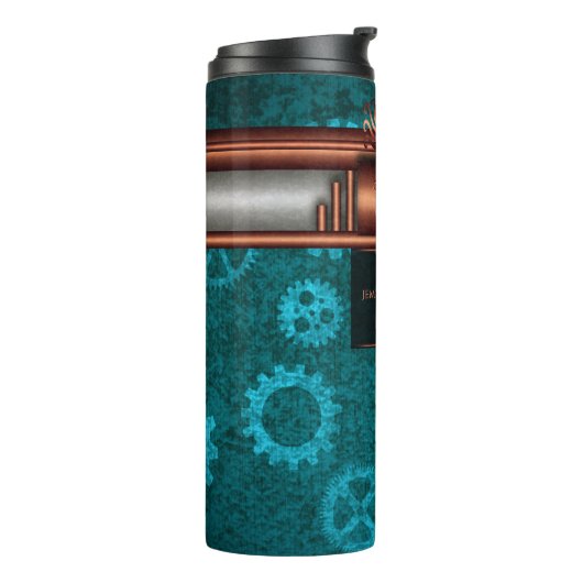 Steampunk, koper op blauwgroen tandwielen, Monogra Thermosbeker (Gedraaid links)