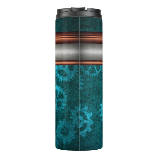 Steampunk, koper op blauwgroen tandwielen, Monogra Thermosbeker (Achterkant)