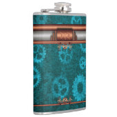 Steampunk, koperblik op blauwgroen cogkels, Monogr Heupfles (Rechts)