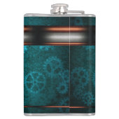 Steampunk, koperblik op blauwgroen cogkels, Monogr Heupfles (Achterkant)