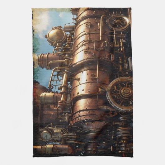 Steampunk koperen stoomtrein theedoek (Verticaal)