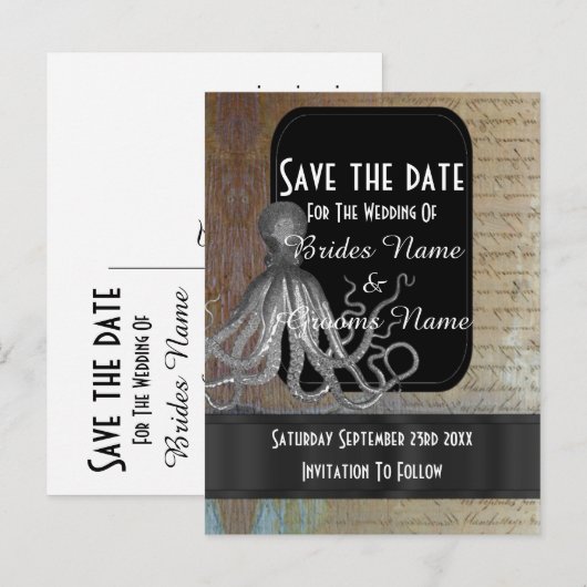 Steampunk kraken fantasie save the date aankondigingskaart (Voorkant / Achterkant)