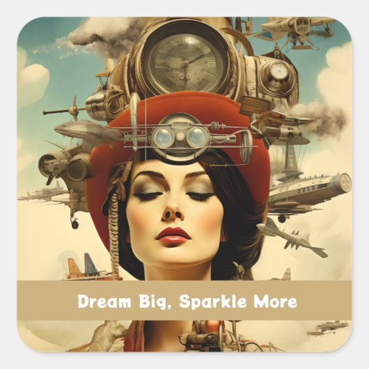 Steampunk Lady Dream Big, Sparkle Meer Vierkante Sticker (Voorkant)