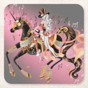 Steampunk Lady en Mechanisch Paardenvierkant Papie Kartonnen Onderzetters