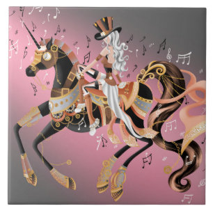 Steampunk Lady en mechanische paarden Tegeltje