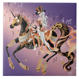 Steampunk Lady en mechanische paarden Tegeltje