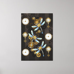 Steampunk libellen op bruine gestreepte achtergron canvas afdruk