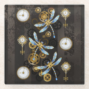 Steampunk libellen op bruine gestreepte achtergron glazen onderzetter