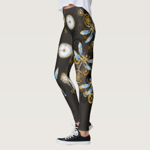 Steampunk libellen op bruine gestreepte achtergron leggings