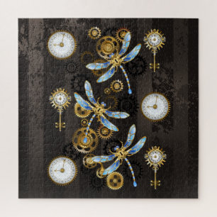 Steampunk libellen op bruine gestreepte achtergron legpuzzel