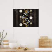 Steampunk libellen op bruine gestreepte achtergron poster (Keuken)