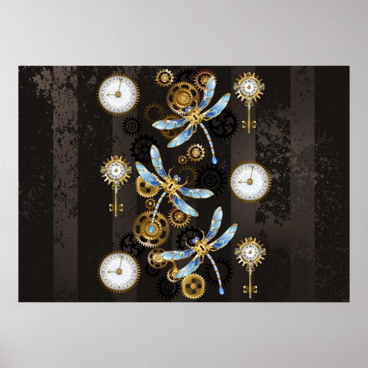 Steampunk libellen op bruine gestreepte achtergron poster (Voorkant)