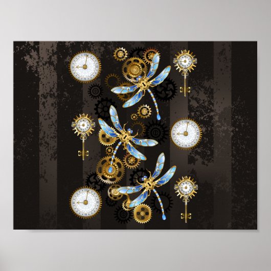 Steampunk libellen op bruine gestreepte achtergron poster (Voorkant)