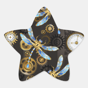 Steampunk libellen op bruine gestreepte achtergron ster sticker
