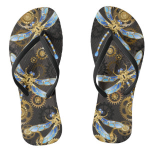 Steampunk libellen op bruine gestreepte achtergron teenslippers