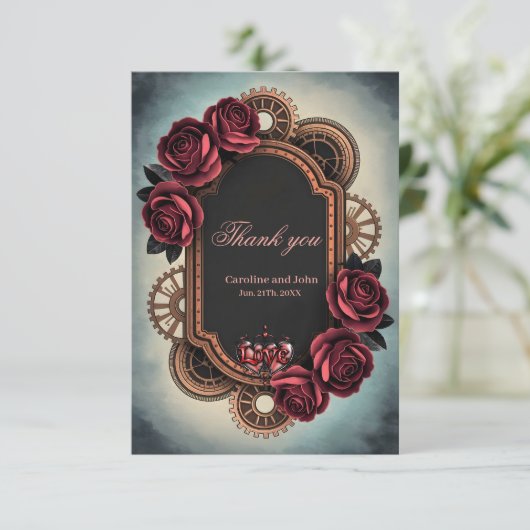 Steampunk Lijst met Red Roses en Gears Bedankkaart (Staand voorkant)